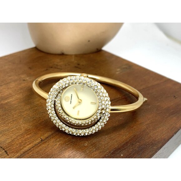 Tory Burch Women's Watch TBW7026 Cream Dial Quartz Bangle Swirl Gems Gold Steel - Picture 9 of 15